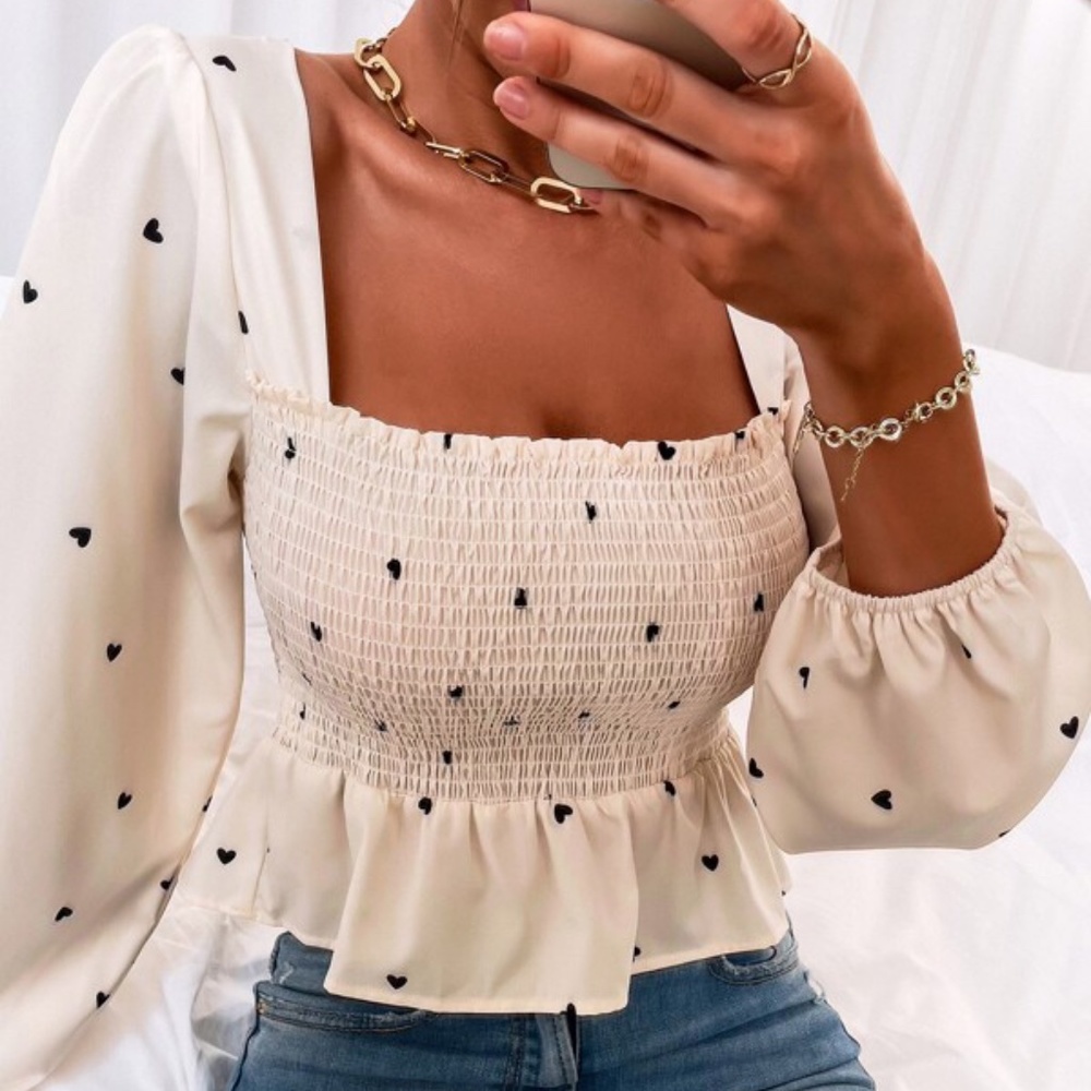 Boho Heart print Square Neck Peplum Top Beige - Picture 1 of 4